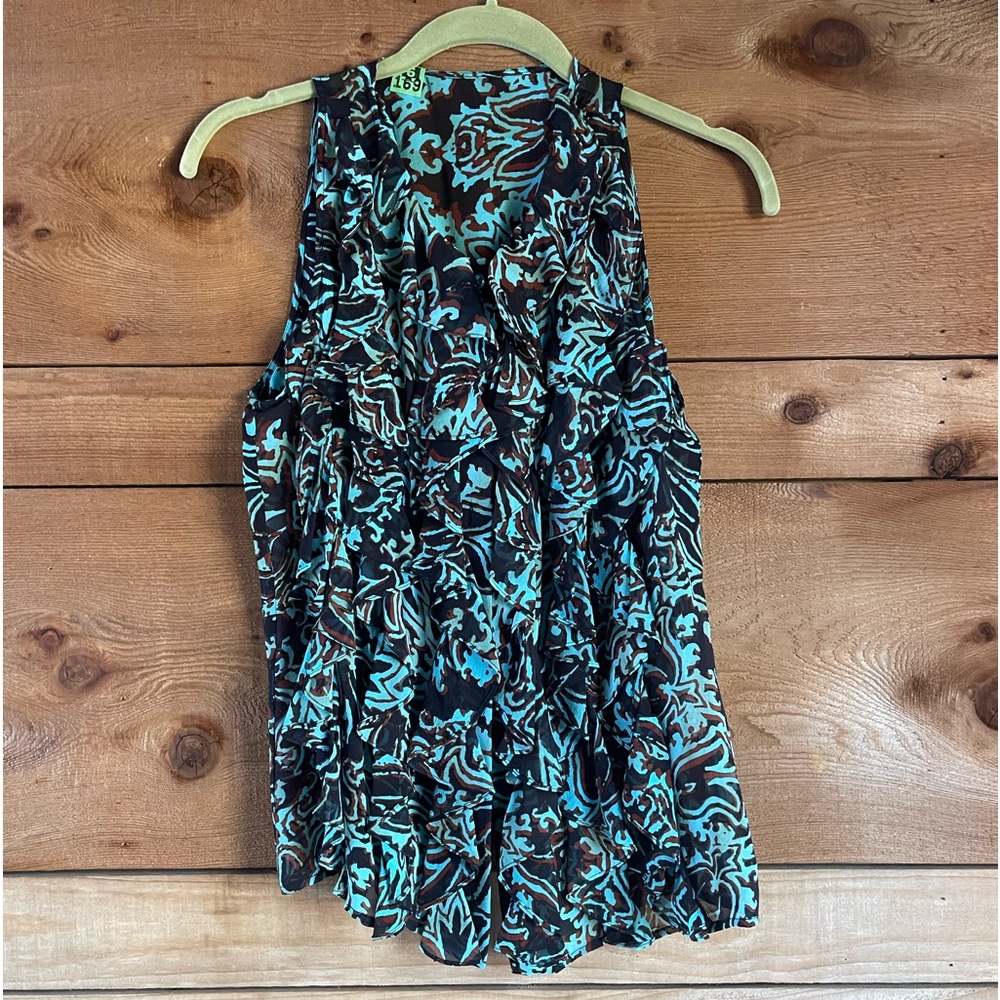 Etcetera Sleeveless Ruffle Front Blouse Teal and Brown Sleeveless 100% Silk